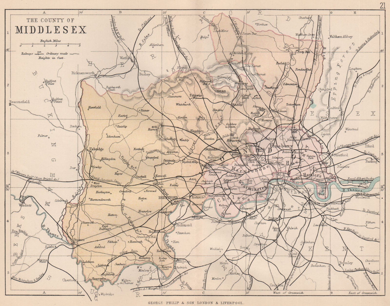 MIDDLESEX. Antique county map. Railways roads. London. PHILIP 1882 old